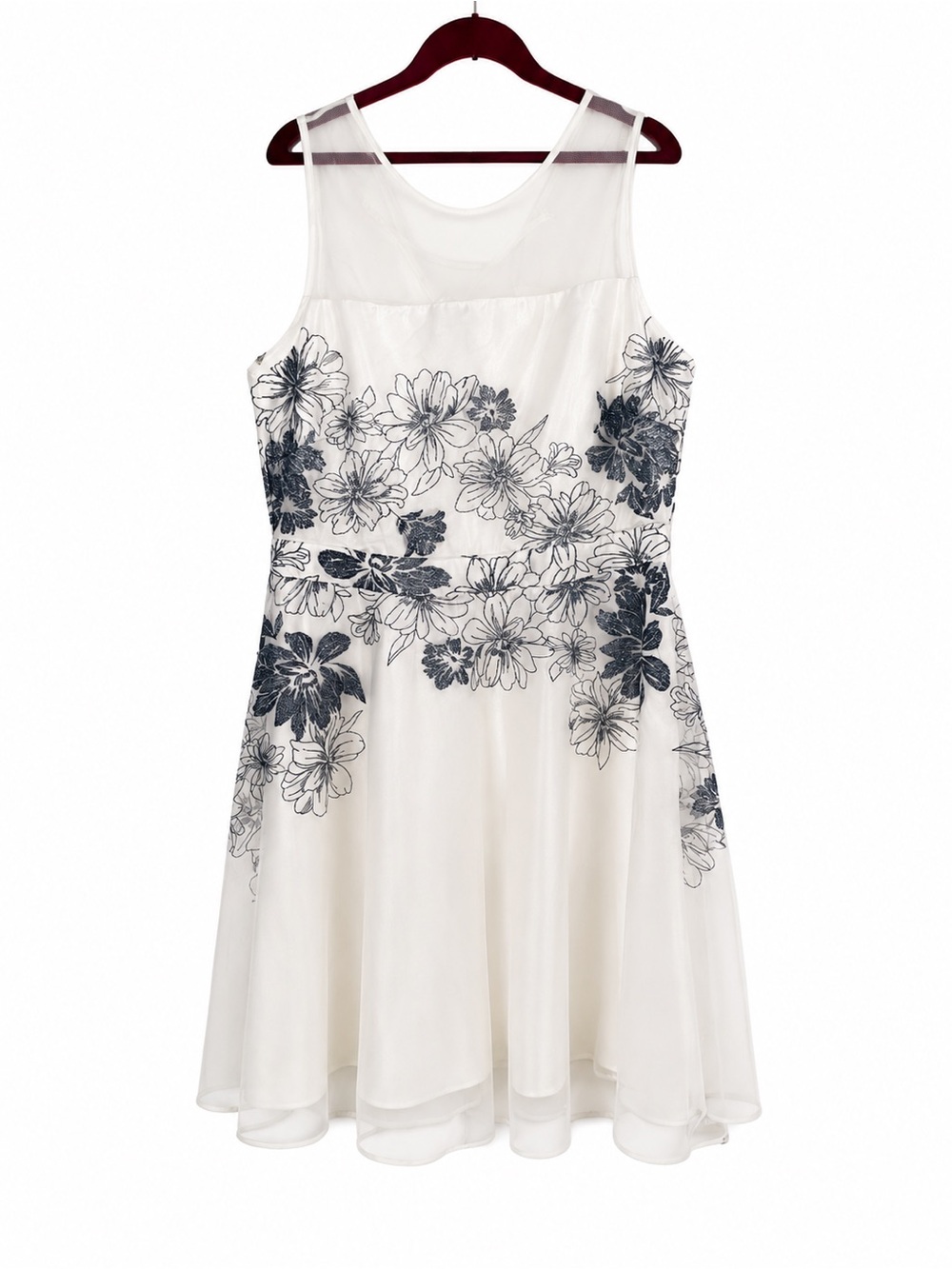 dressbarn Ivory Dress with Navy Floral Embroidery Gabby Skye design L Large 16